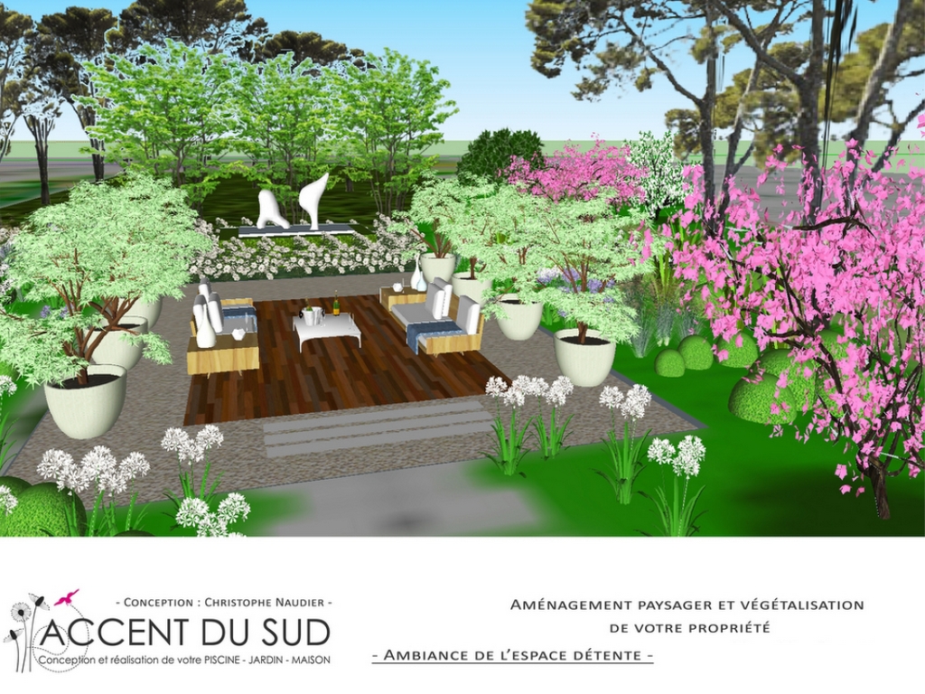 Conception d'un jardin avec vue sur un espace détente