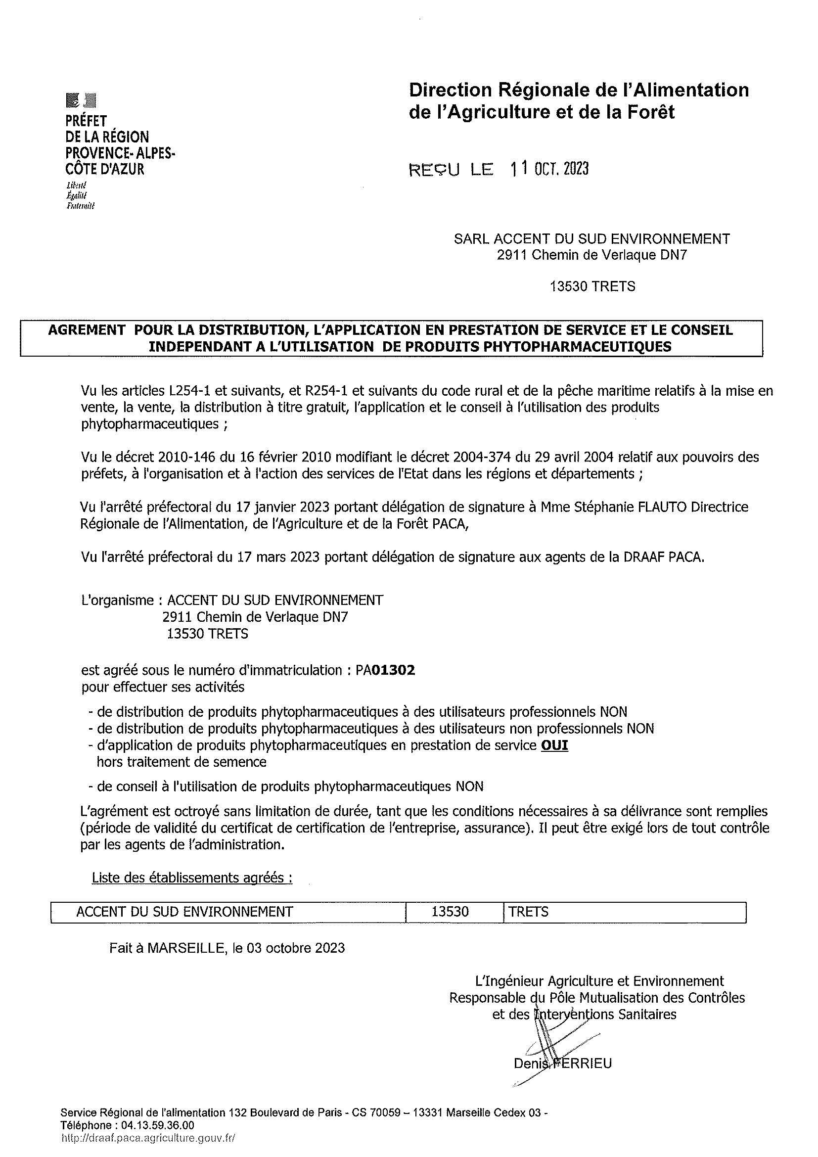 AGREMENT CERTIPHYTO DRAAF